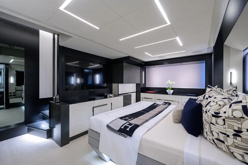 Slide: The Image of Luxurious interior of 2022 Pershing 9X yacht with modern design and ocean view. - 47