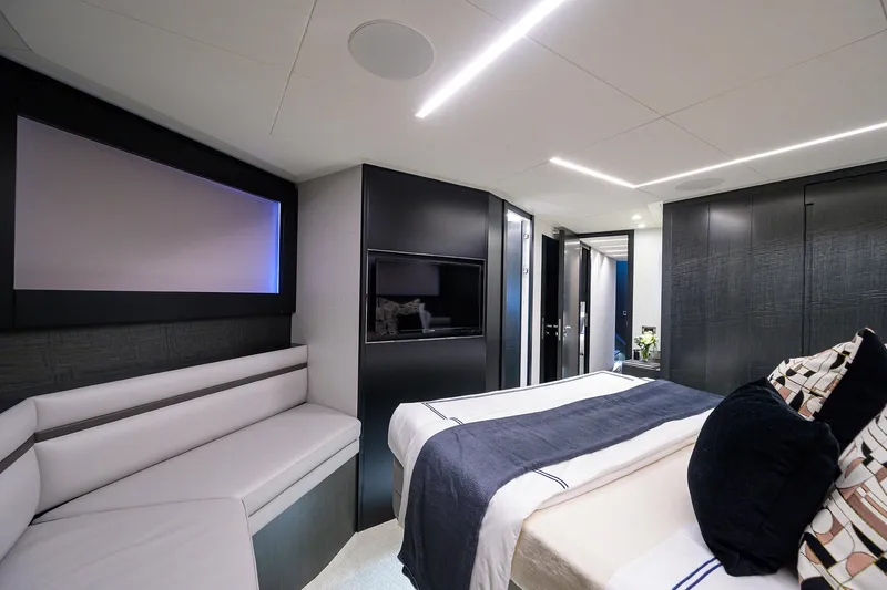 Slide: The Image of Modern bathroom interior on 2022 Pershing 9X yacht, featuring sleek design and mosaic tiles. - 61