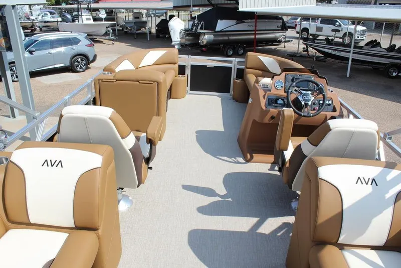 Slide: The Image of 2026 Avalon Venture 85 Quad Lounger, 23 FT, luxury boat interior with tan and white seating. - 13