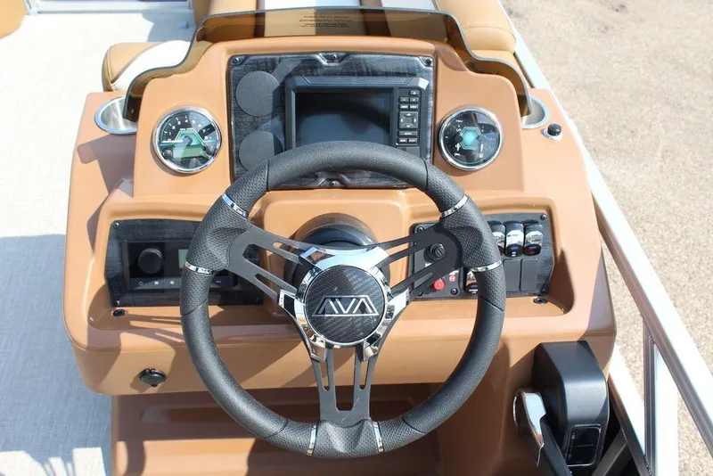 Slide: The Image of Steering console of 2026 Avalon Venture 85 Quad Lounger, featuring modern controls and gauges. - 15