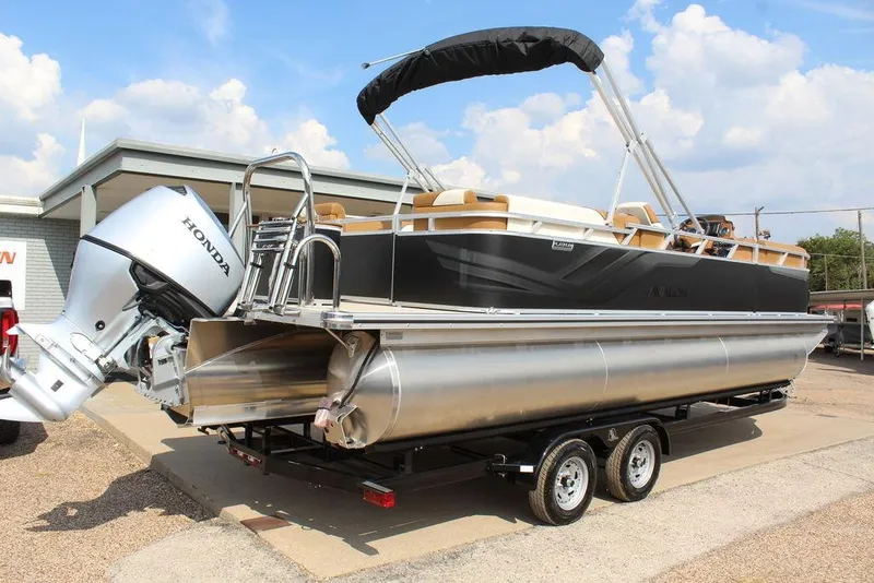 Slide: The Image of 2026 Avalon Venture 85 Quad Lounger 23 FT pontoon boat with Honda outboard motor. - 5
