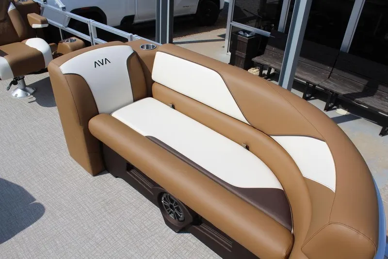 Slide: The Image of Luxurious seating on 2026 Avalon Venture 85 Quad Lounger, featuring brown and white upholstery. - 7