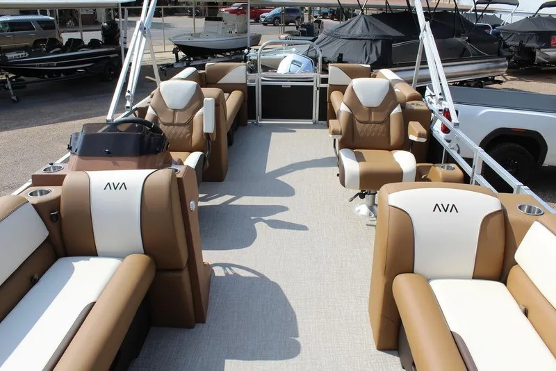 Slide: The Image of 2026 Avalon Venture 85 Quad Lounger 23 FT pontoon boat interior with luxurious seating. - 8