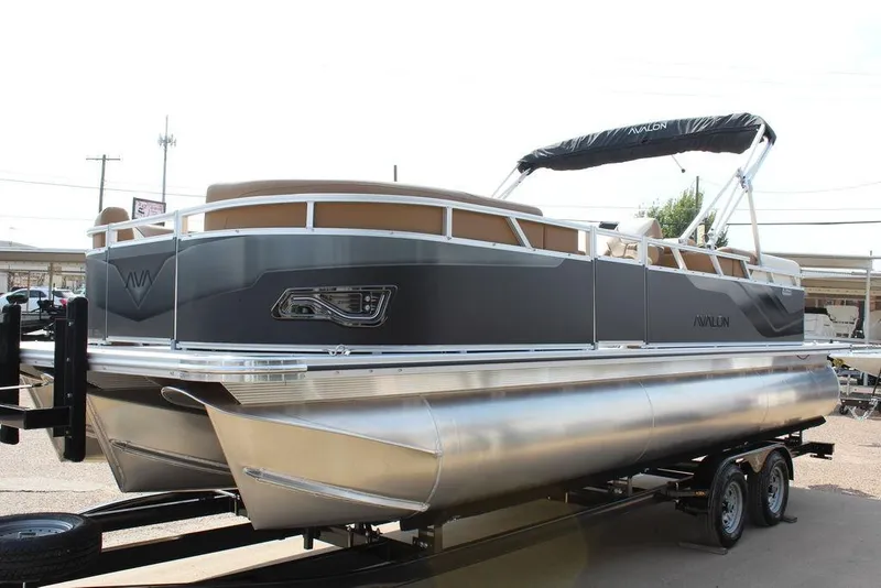 Slide: The Image of 2026 Avalon Venture 85 Quad Lounger 23 FT pontoon boat on trailer. - 9