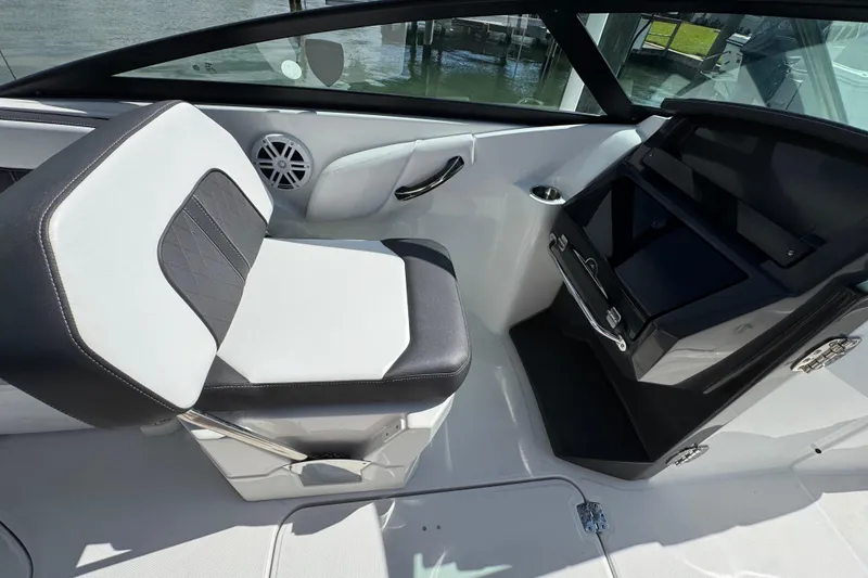 Slide: The Image of 2023 Monterey M-45 boat interior with sleek seating and modern dashboard design. - 6