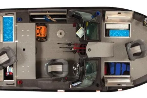 Slide: The Image of 2026 Lowe Fishing Machine 175 boat in a garage setting, side view. - 3