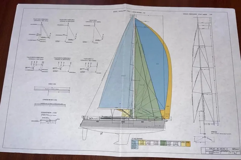 Slide: The Image of Blueprint of a 2012 Delphia 47 sailboat, featuring detailed sail and mast designs. - 92