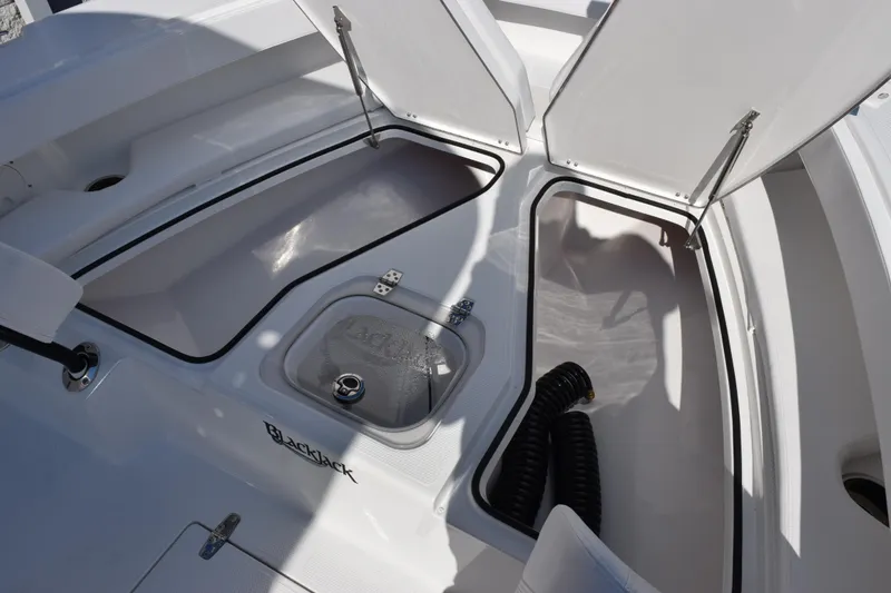 Slide: The Image of Open storage compartments on a 2026 BlackJack 256 Coastal boat deck. - 15