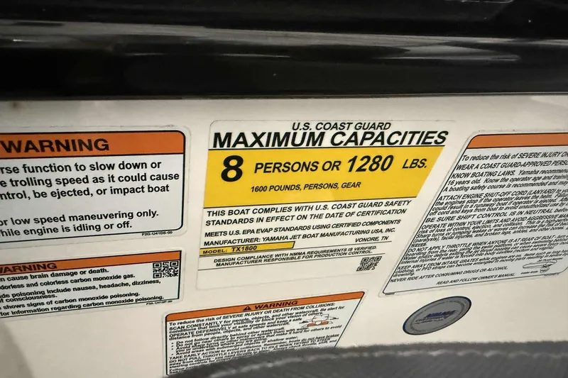 Slide: The Image of 2022 Yamaha SX190 capacity label, 8 persons or 1280 lbs, safety warnings included. - 25