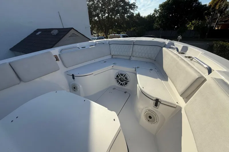 Slide: The Image of 2021 Sea Fox 268 Commander boat interior with cushioned seating and speakers. - 45