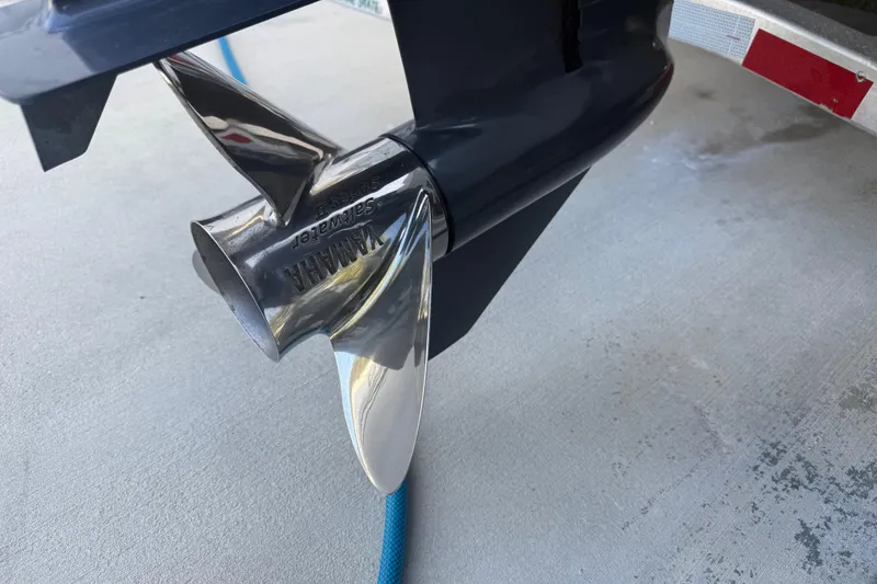 Slide: The Image of Close-up of a Yamaha stainless steel propeller on a 2021 Sea Fox 268 Commander boat. - 59
