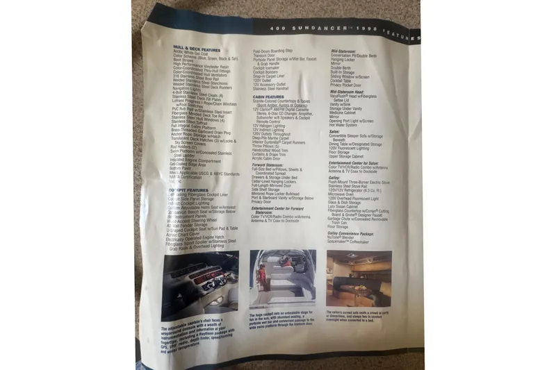 Slide: The Image of 1999 Sea Ray Sundancer 400 features list with interior and cockpit images. - 43