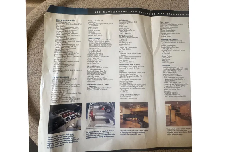 Slide: The Image of 1999 Sea Ray Sundancer 400 features list with images of interior and cockpit. - 44