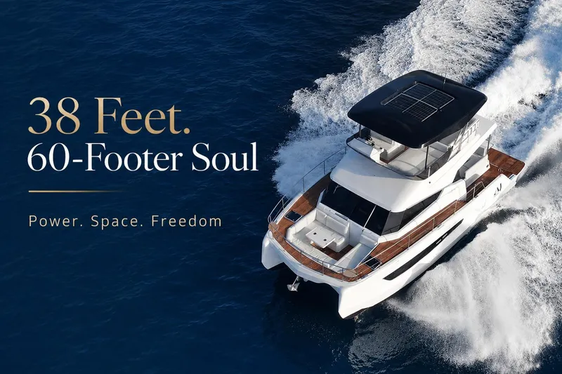 Slide: The Image of 2026 Aventura 38 Motor Yacht cruising on open water, showcasing sleek design and solar panels. - 23