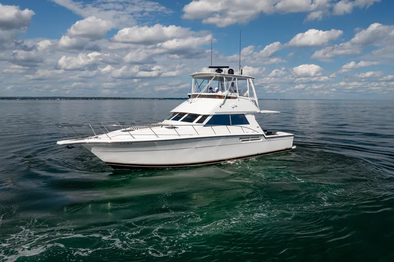 Slide: The Image of 2000 Tiara Yachts 4300 Convertible cruising on calm waters under a cloudy sky. - 12