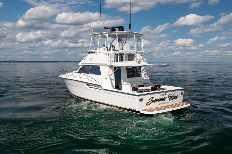 Slide: The Image of 2000 Tiara Yachts 4300 Convertible cruising on calm waters under a cloudy sky. - 27