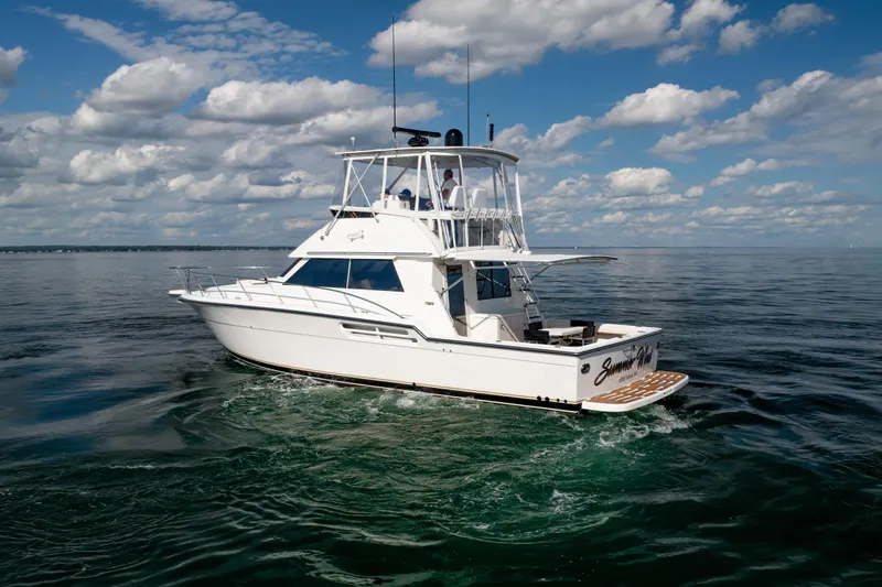 Slide: The Image of 2000 Tiara Yachts 4300 Convertible cruising on open water under a partly cloudy sky. - 28