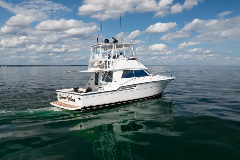 Slide: The Image of 2000 Tiara Yachts 4300 Convertible cruising on calm waters under a partly cloudy sky. - 3