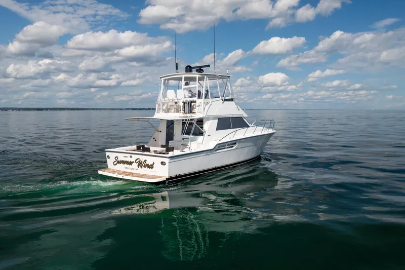 Slide: The Image of 2000 Tiara Yachts 4300 Convertible cruising on calm waters under a partly cloudy sky. - 4