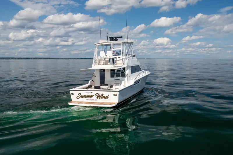 Slide: The Image of 2000 Tiara Yachts 4300 Convertible cruising on calm waters under a cloudy sky. - 5