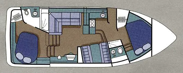 Slide: The Image of 1999 Cruisers Yachts 3750 Motoryacht interior with dining area, kitchenette, and cozy cabin. - 11