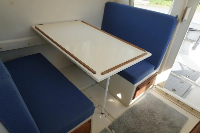 Slide: The Image of Interior of 2002 Rosborough RF-246 Sedan Cruiser with blue seating and white table. - 33