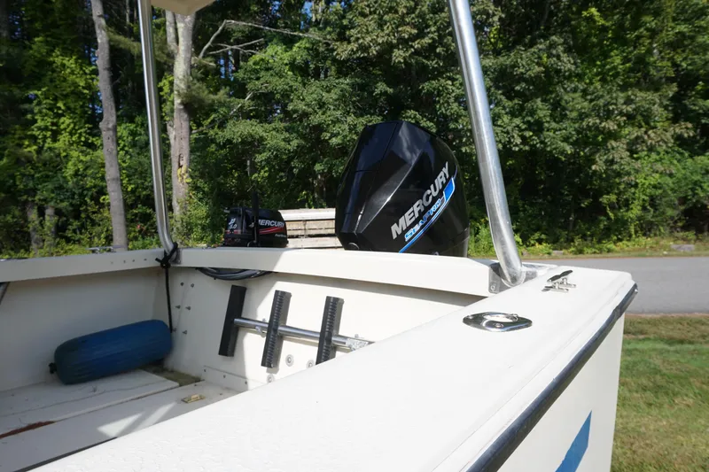 Slide: The Image of 2002 Rosborough RF-246 Sedan Cruiser with Mercury outboard motor, docked near lush greenery. - 5