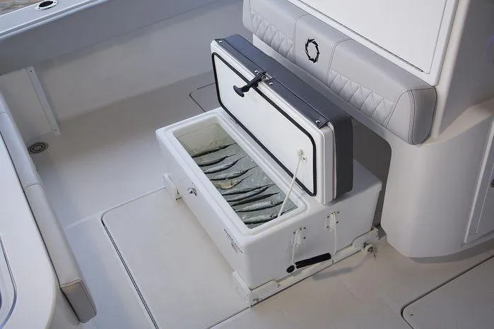 Slide: The Image of Open cooler with fish on Fountain Bluewater 38 Tournament Edition boat, 2024 model. - 17