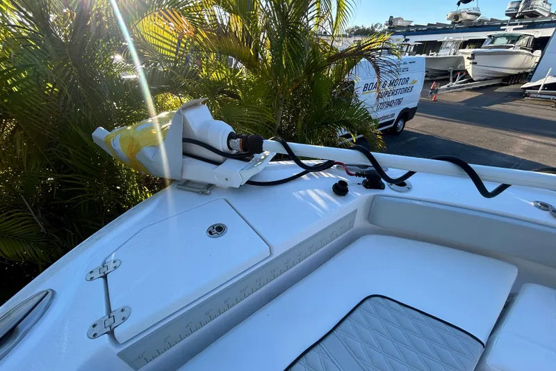 Slide: The Image of 2026 Blackfin 242 HB boat deck with mounted equipment and lush greenery. - 13