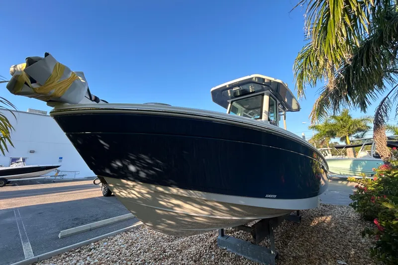 Slide: The Image of 2026 Blackfin 242 HB boat displayed outdoors, surrounded by palm trees. - 3