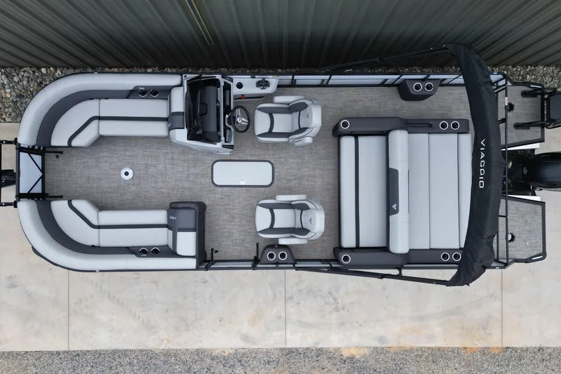 Slide: The Image of 2026 Viaggio Lago X-S pontoon boat, top view, showcasing spacious seating and modern design. - 16