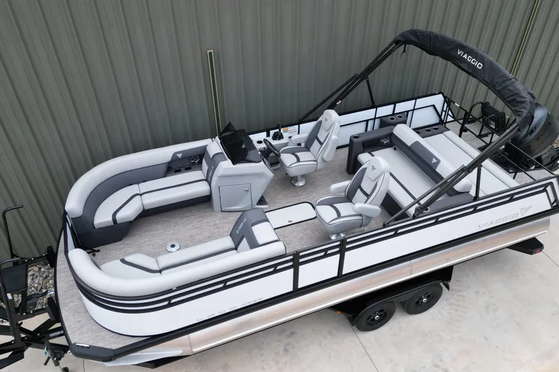 Slide: The Image of 2026 Viaggio Lago X-S pontoon boat with modern seating and sleek design. - 17