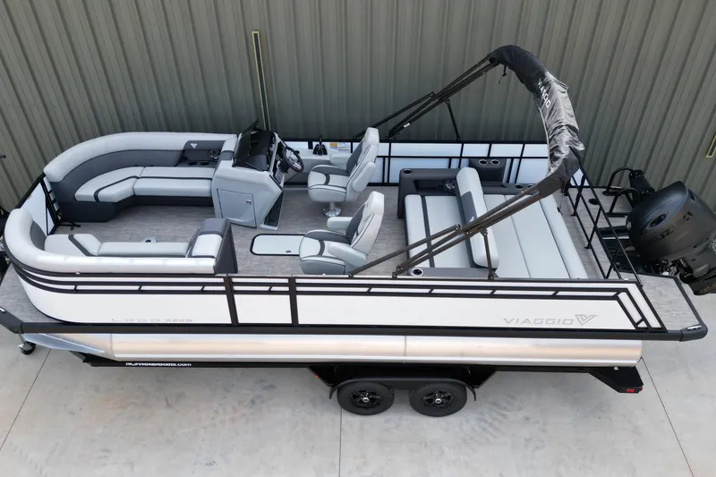 Slide: The Image of 2026 Viaggio Lago X-S pontoon boat with modern seating and sleek design. - 4