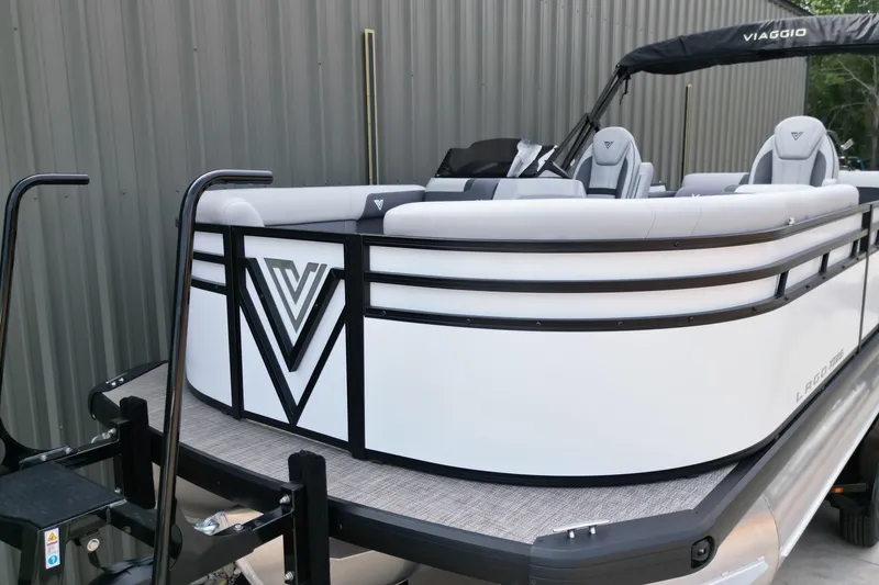 Slide: The Image of 2026 Viaggio Lago X-S pontoon boat with sleek design and modern seating. - 8