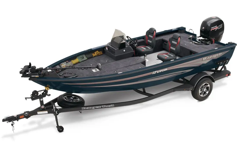 Slide: The Image of 2025 Ranger VS1782SC Reata boat, top view, parked outdoors, featuring seating and windshield. - 1