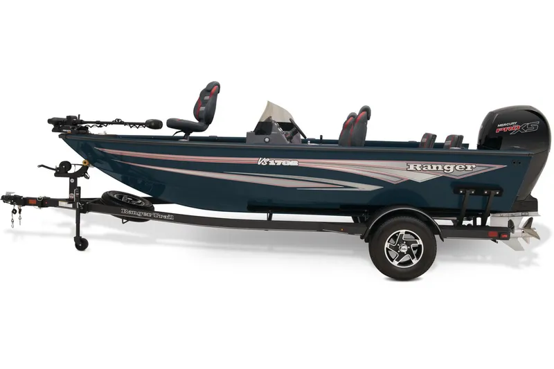 Slide: The Image of 2025 Ranger VS1782SC Reata boat on trailer, parked outdoors. - 2