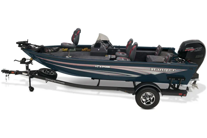 Slide: The Image of 2025 Ranger VS1782SC Reata boat with seating and equipment, parked outdoors. - 6