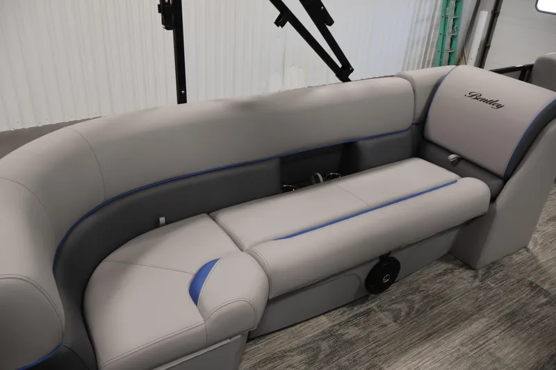 Slide: The Image of Luxurious seating in 2026 Bentley Pontoons 203 Bolt Tri-Toon, featuring elegant gray upholstery. - 26