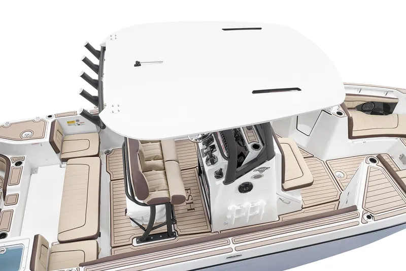 Slide: The Image of 2026 Yamaha Boats 255 FSH Sport H on trailer, side view, outdoors. - 4