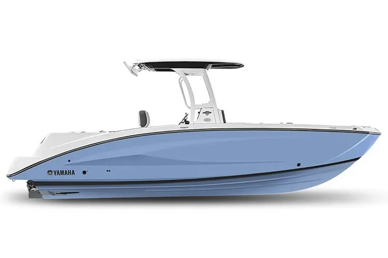 The Image of 2026 Yamaha Boats 255 FSH Sport E, sleek blue and white design, side view. - 1