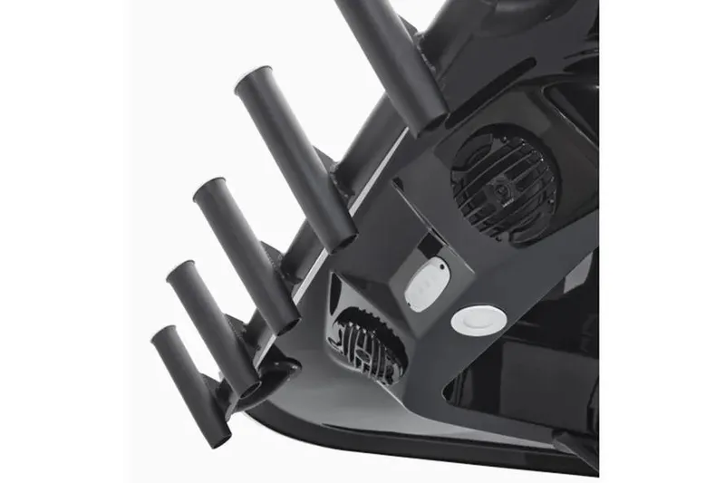 Slide: The Image of 2026 Yamaha Boats 255 FSH Sport E rod holders and speakers detail. - 4