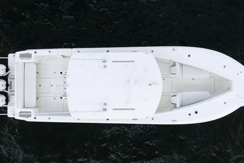 Slide: The Image of Overhead view of 2017 SeaVee 370z boat on dark water. - 58