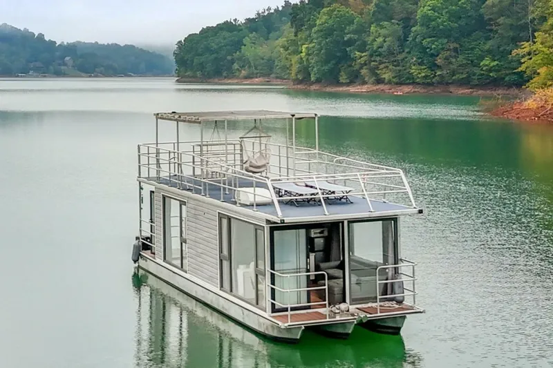 The Image of Houseboat on serene lake, surrounded by lush greenery, Gospel 39 model, 2024. - 1