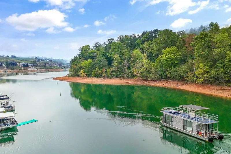 Slide: The Image of Houseboat on serene lake with lush green shoreline, Gospel 39 model, 2024. - 21