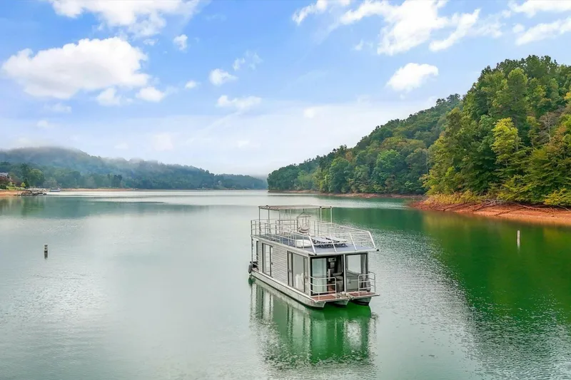 Slide: The Image of Houseboat on serene lake with lush green hills, Gospel 39 model, 2024. - 25