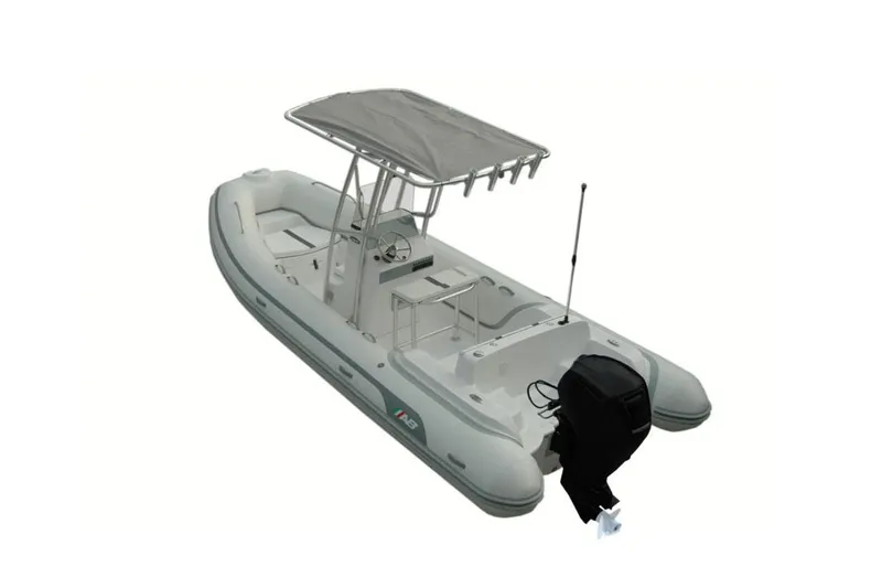 Slide: The Image of 2023 AB Inflatables Oceanus 19 VST boat interior with seating and motor. - 4