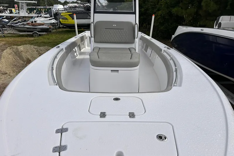 Slide: The Image of 2025 Sportsman Masters 247OE Bay Boat with spacious seating and sleek design. - 18