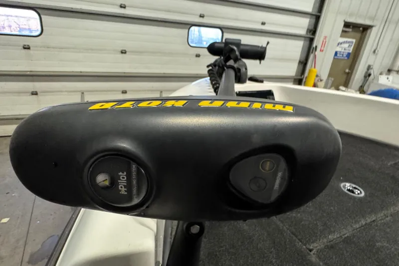 Slide: The Image of Minn Kota i-Pilot trolling motor on 2008 Ranger 1850 Reata boat in garage. - 13