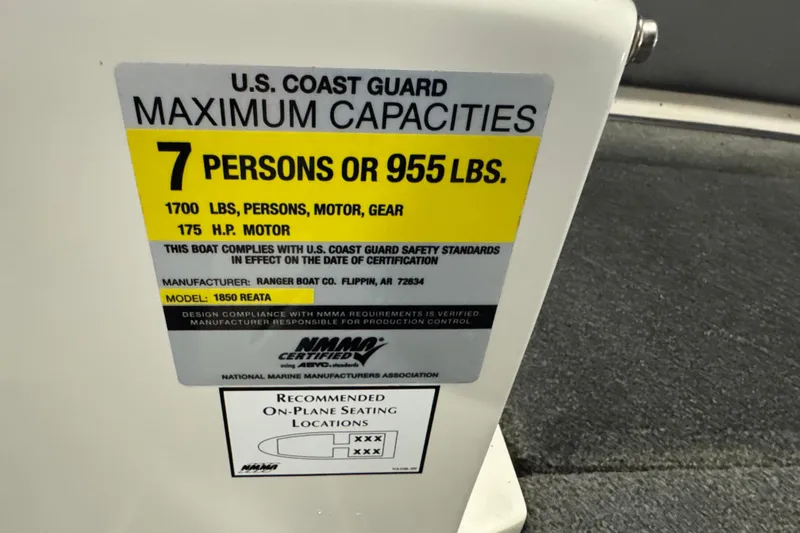 Slide: The Image of 2008 Ranger 1850 Reata capacity label, U.S. Coast Guard certified for 7 persons or 955 lbs. - 9