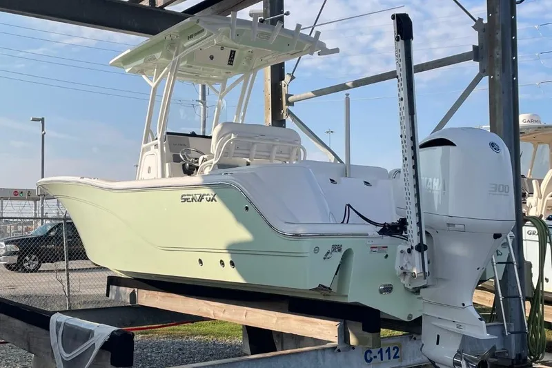 Slide: The Image of 2020 Sea Fox 248 Commander boat on trailer, featuring Yamaha 300 engine. - 1